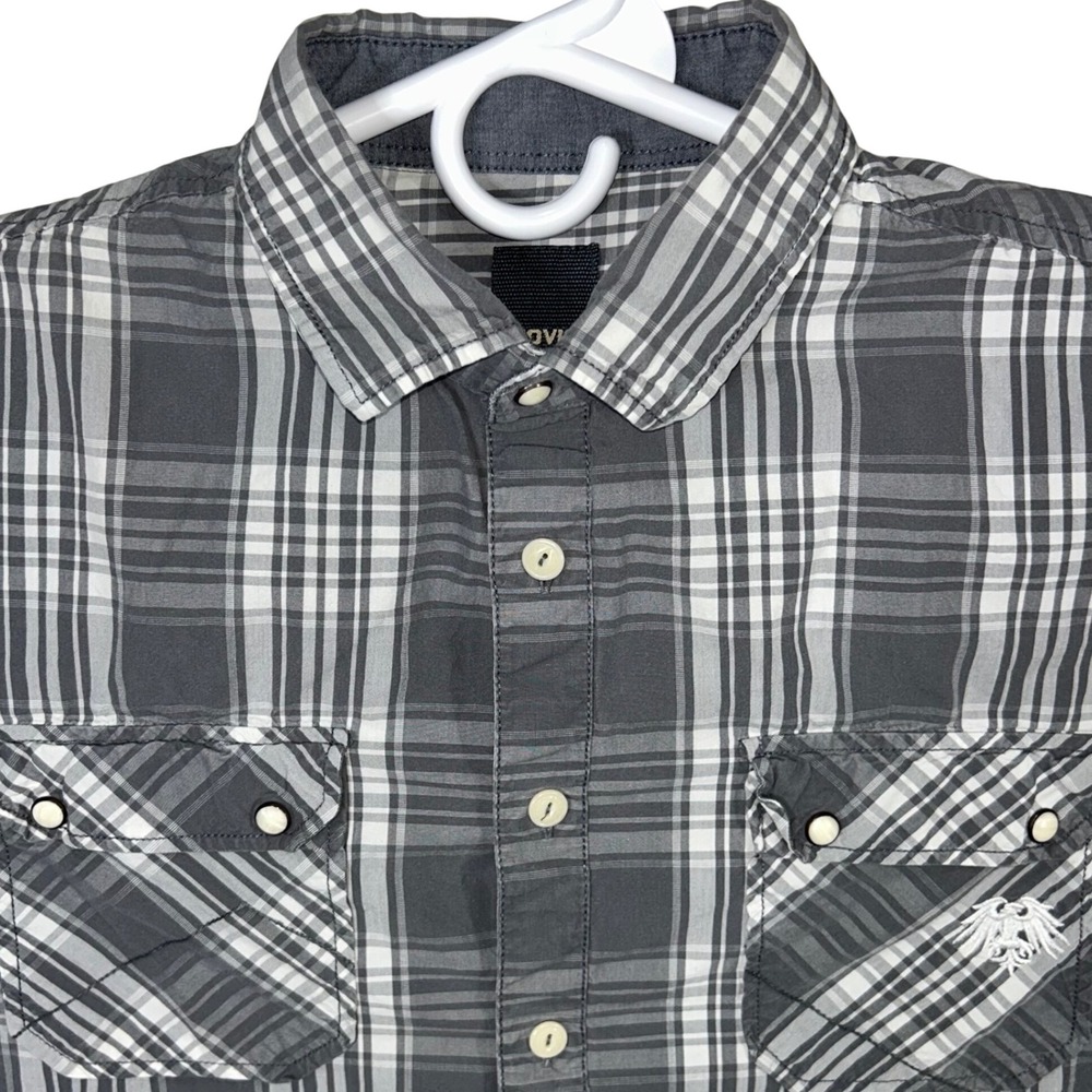 Soviet Men's XL‎ Plaid Button Up Shirt Long Sleeve Gray Western Pockets Pearl